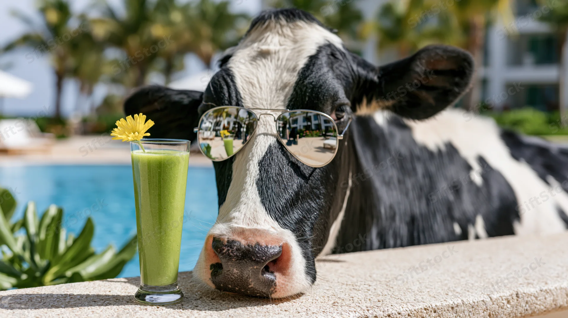 Holstein cow wearing mirrored aviator sunglasses beside a green smoothie by a poolside ledge
