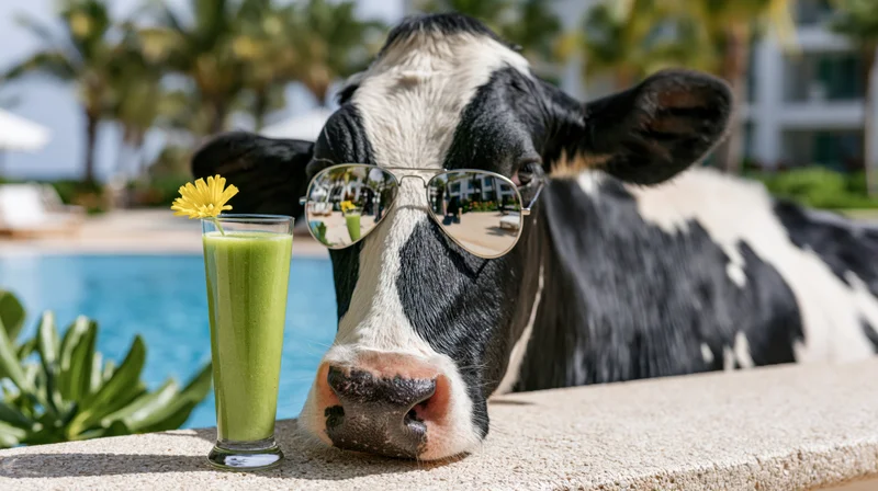 Holstein cow wearing mirrored aviator sunglasses beside a green smoothie by a poolside ledge