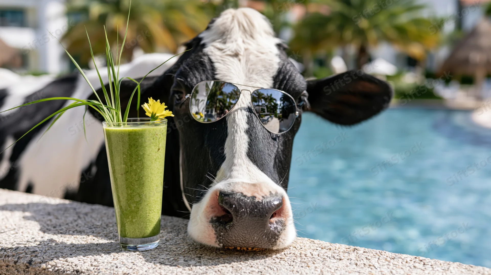 Holstein cow wearing mirrored aviator sunglasses beside a green smoothie garnished with a yellow flower and plant, resting its head on a concrete pool edge at a tropical resort