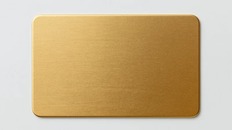 Blank gold metal business card lying flat centered on white background