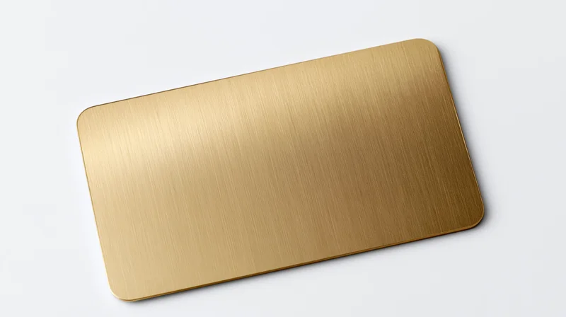 Blank gold metal business card lying flat on white background