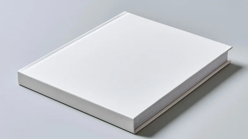 Blank white hardcover book lying flat on a neutral surface