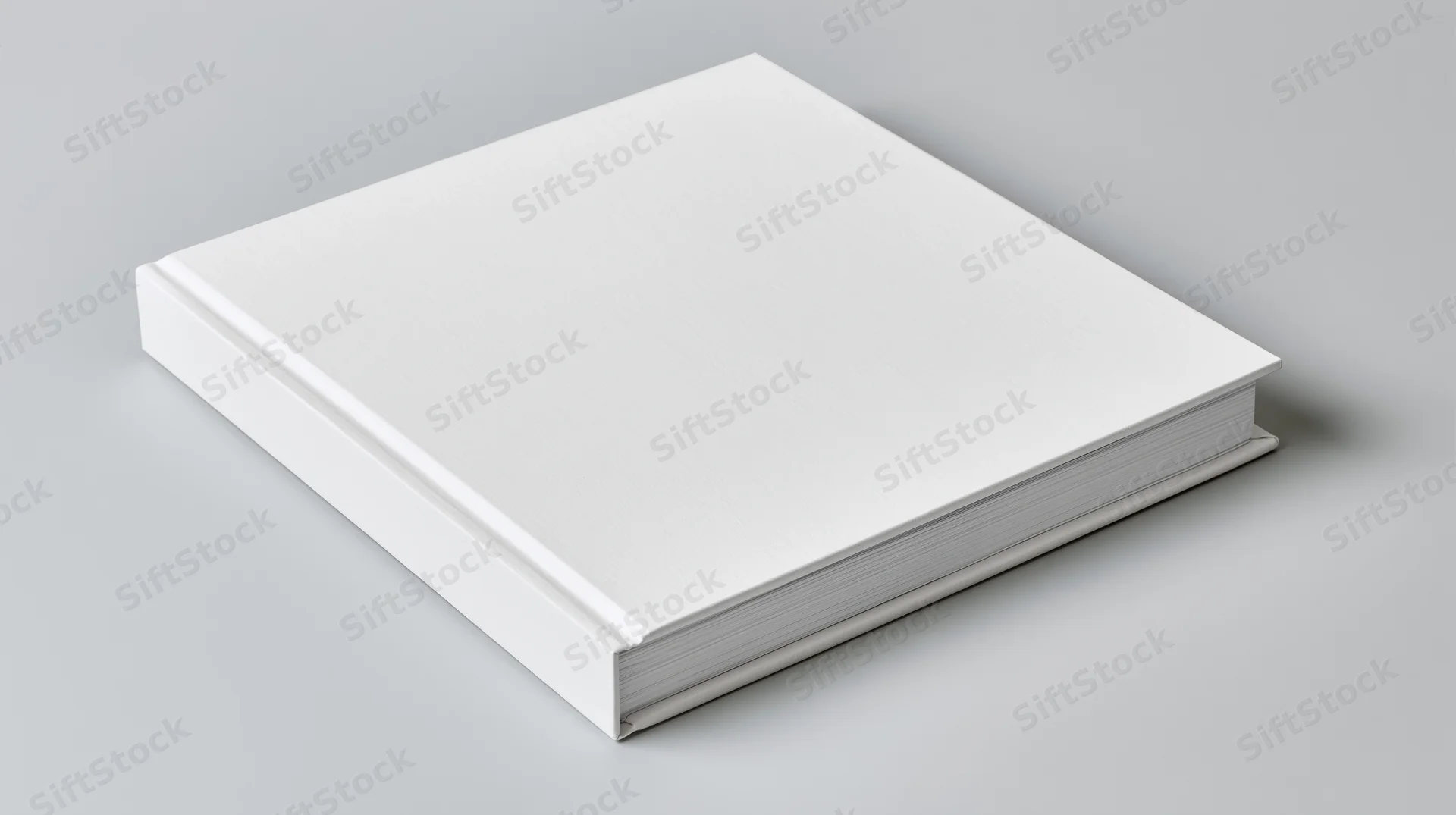 Blank white hardcover book lying flat on a gray surface