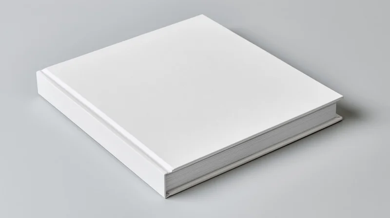 Blank white hardcover book lying flat on a gray surface