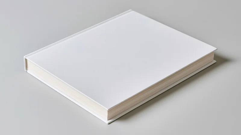 Blank white hardcover book lying flat on a neutral surface with copyspace for design or branding