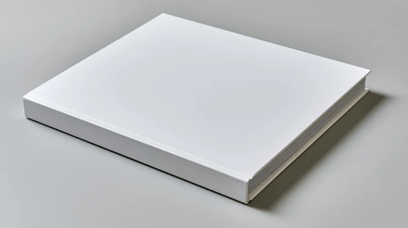 Blank white hardcover book lying flat on a neutral surface