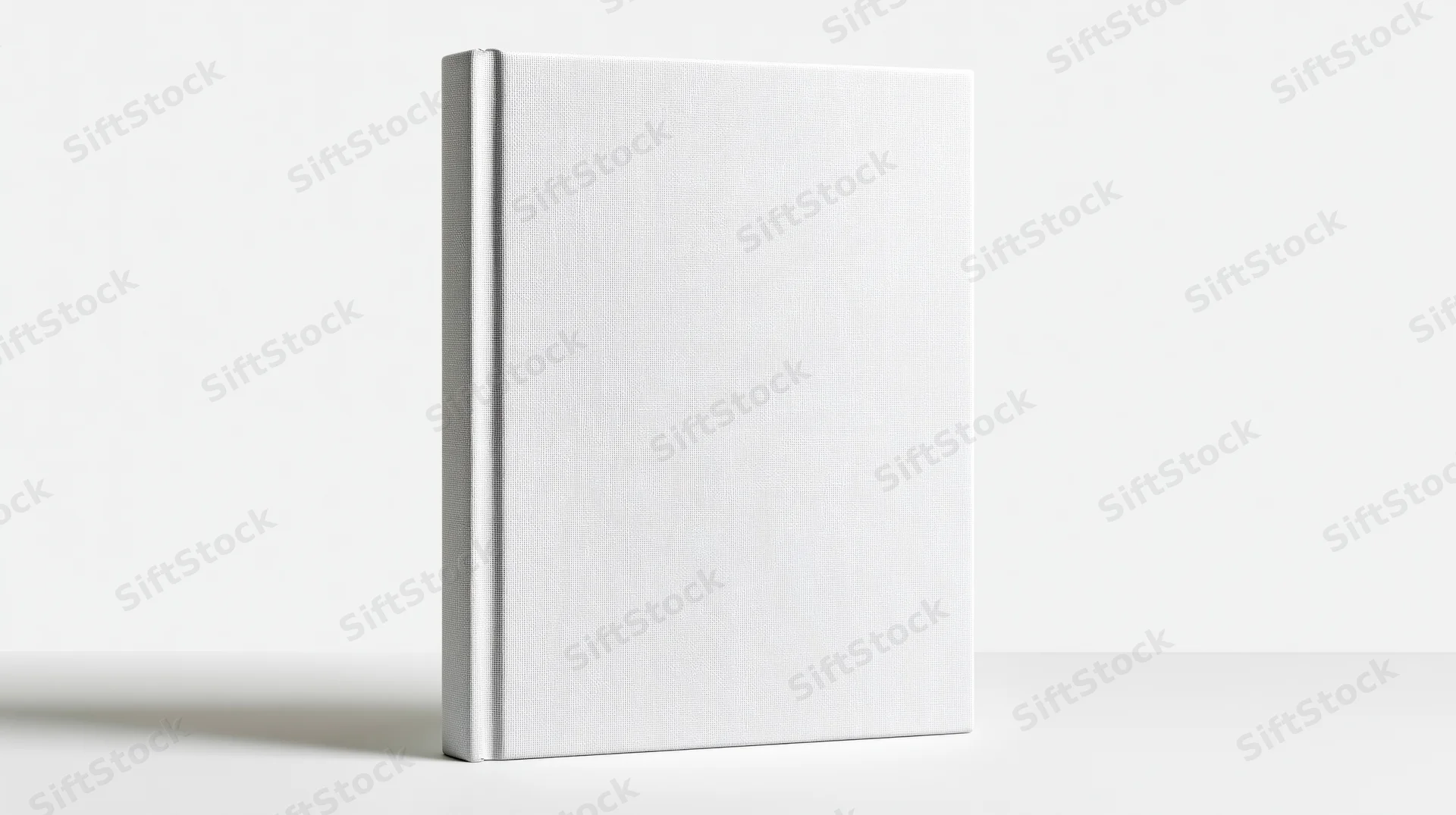 Blank white hardcover book standing upright centered on white surface