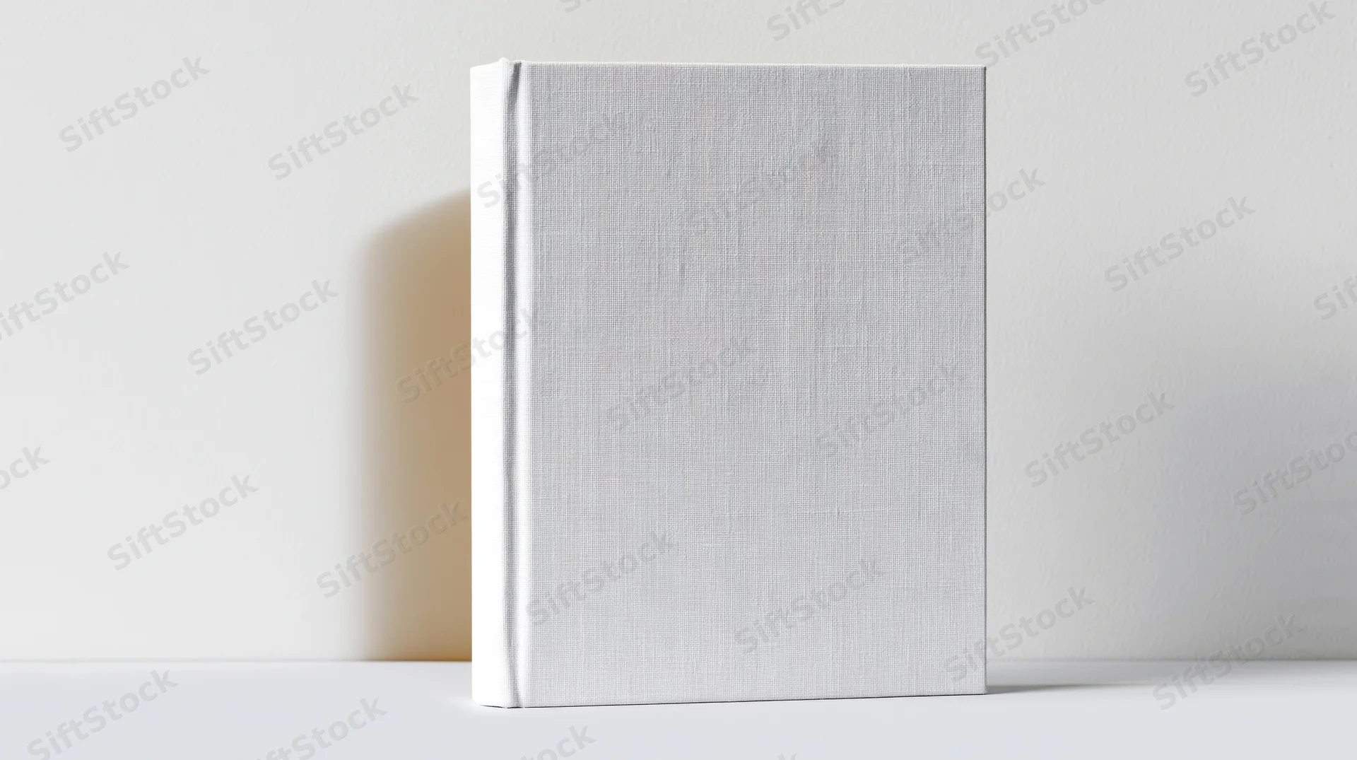 Blank white hardcover book standing upright against a plain wall with soft shadow and copyspace on either side