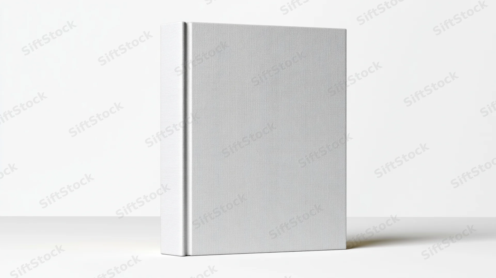 Blank white hardcover book standing upright on white surface
