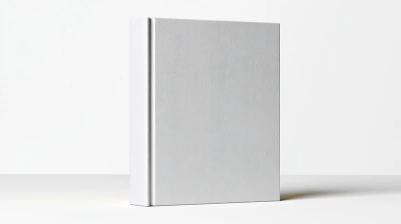 Blank white hardcover book standing upright on white surface