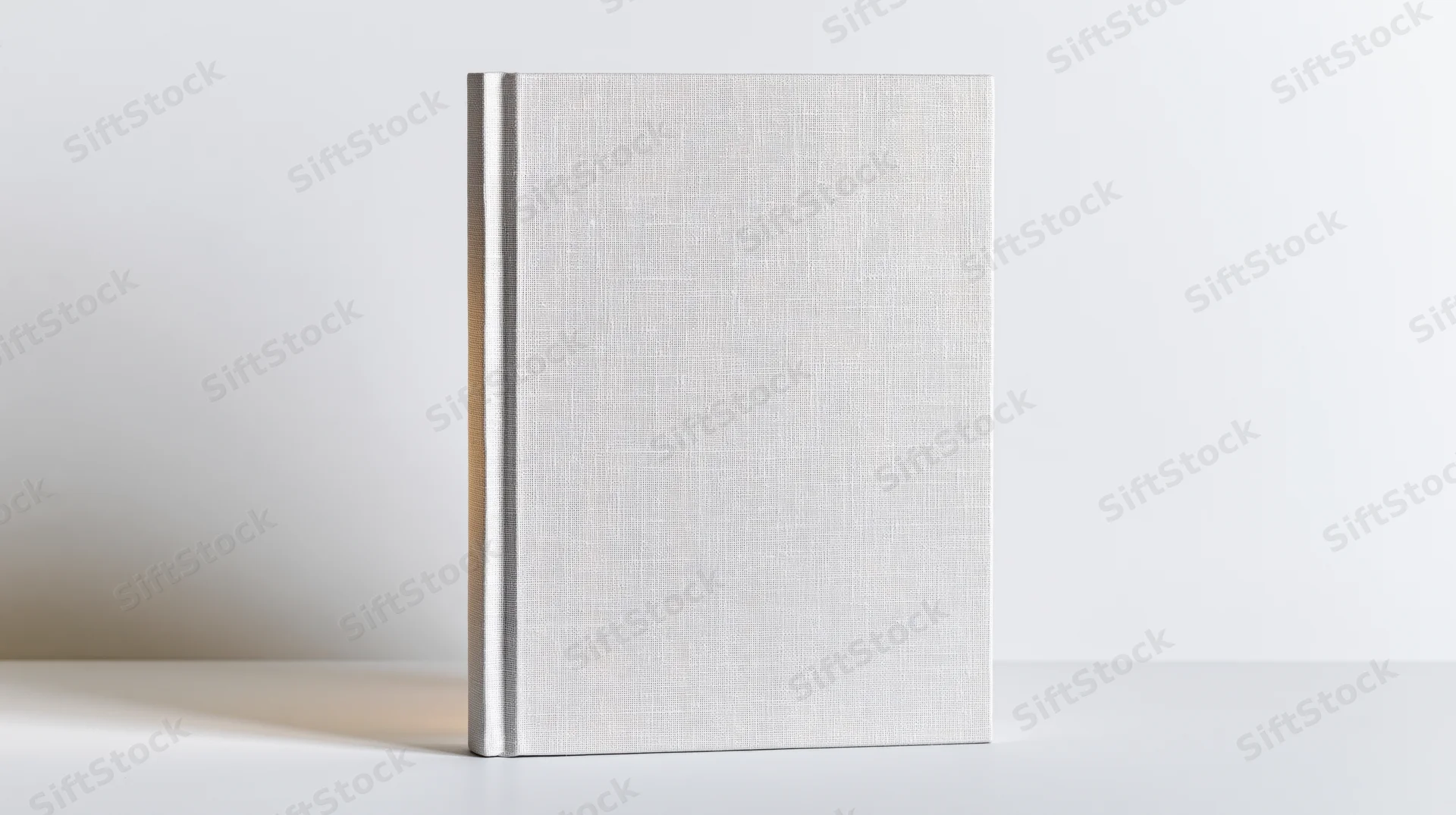 Blank white hardcover book standing upright centered on a white surface