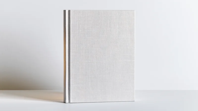 Blank white hardcover book standing upright centered on a white surface