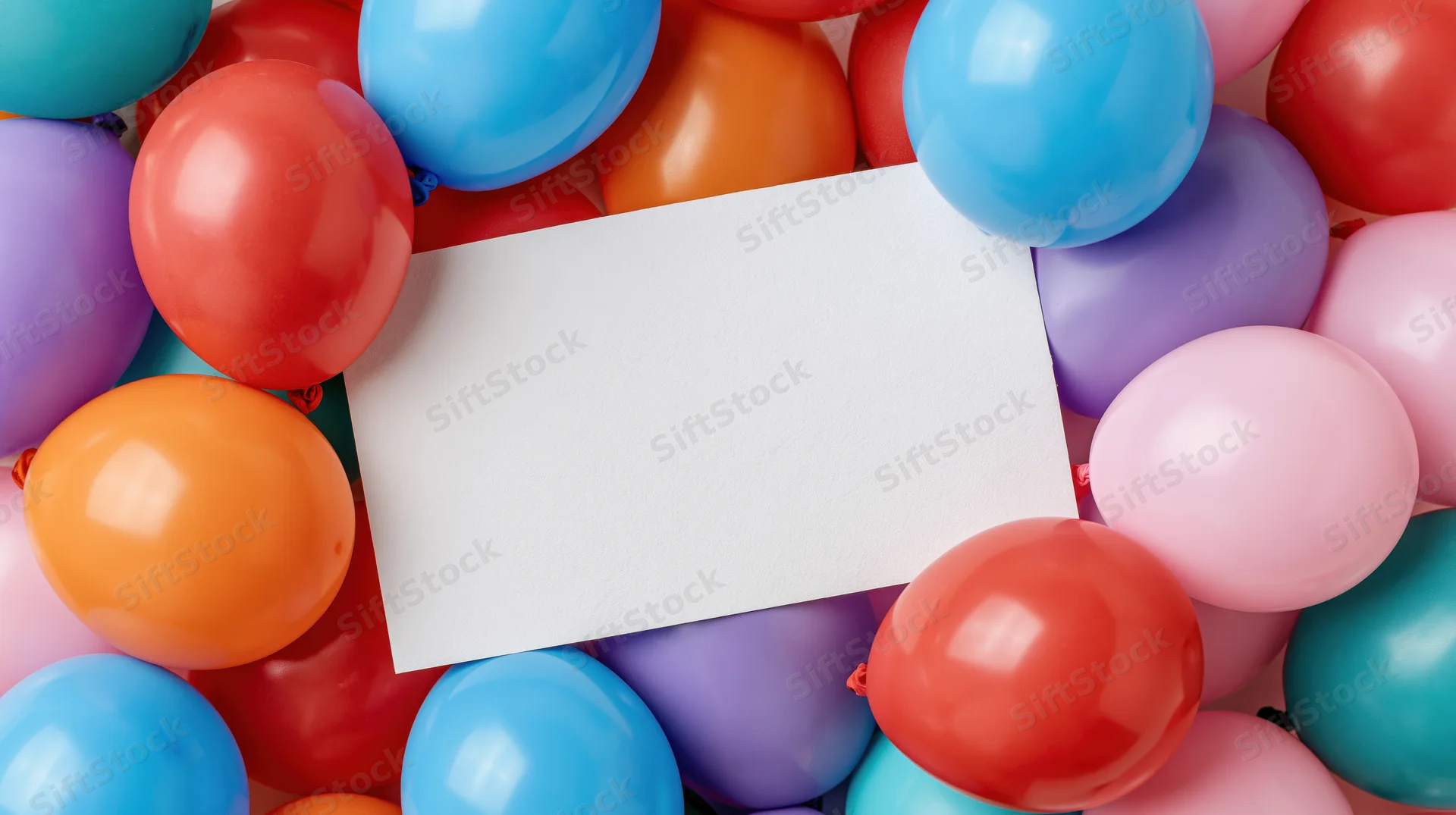 Blank white card surrounded by colorful balloons for party decoration