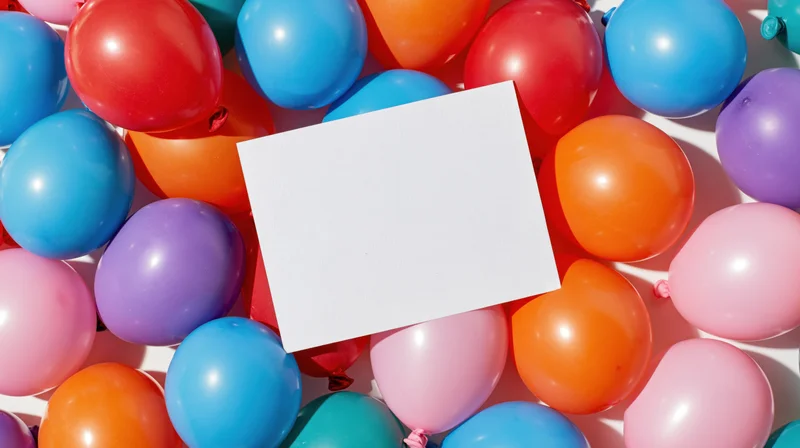 Blank white card centered among colorful balloons in a flat lay arrangement