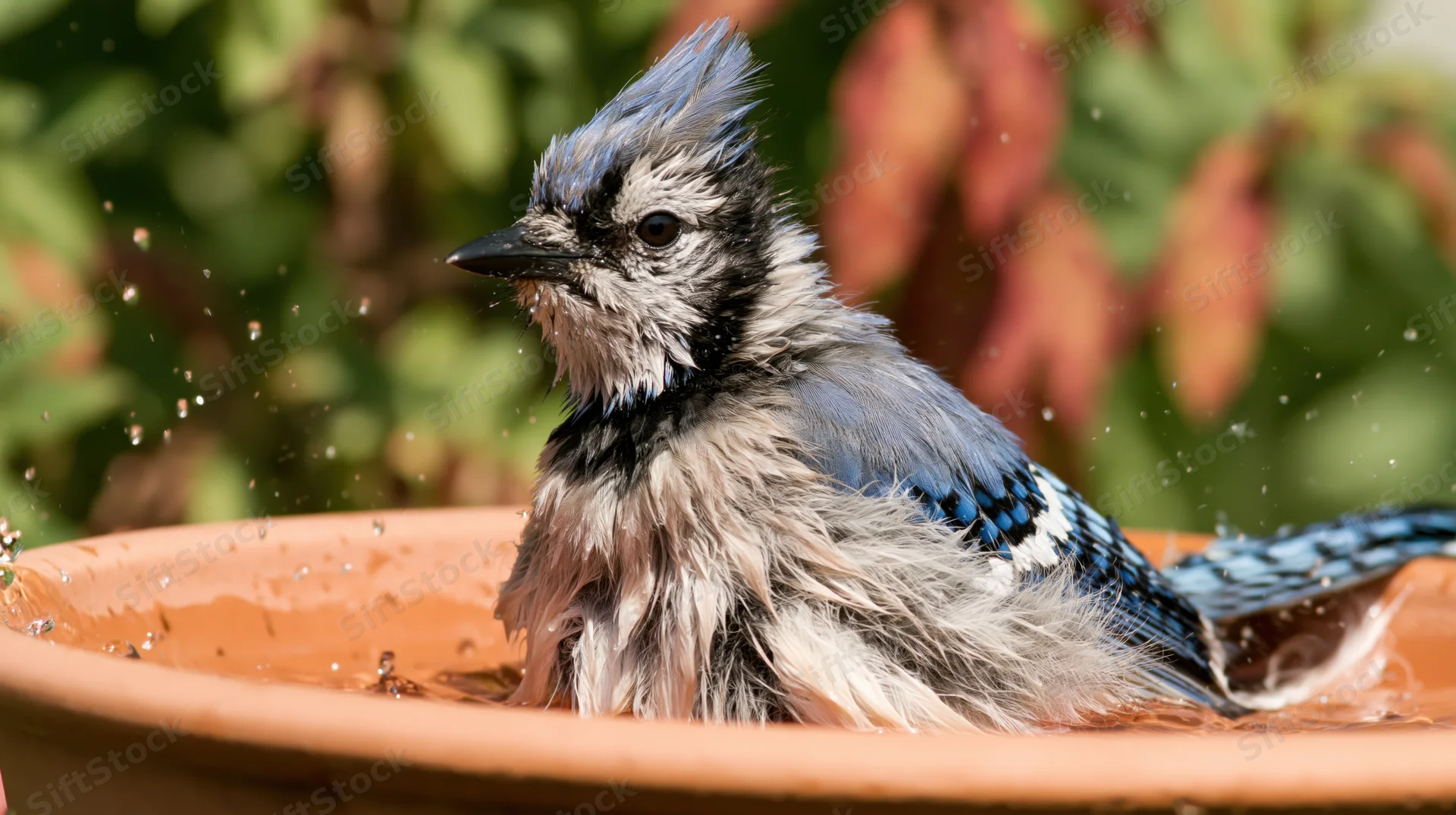 Blue jay bathing in a terracotta birdbath with ruffled feathers and splashing water