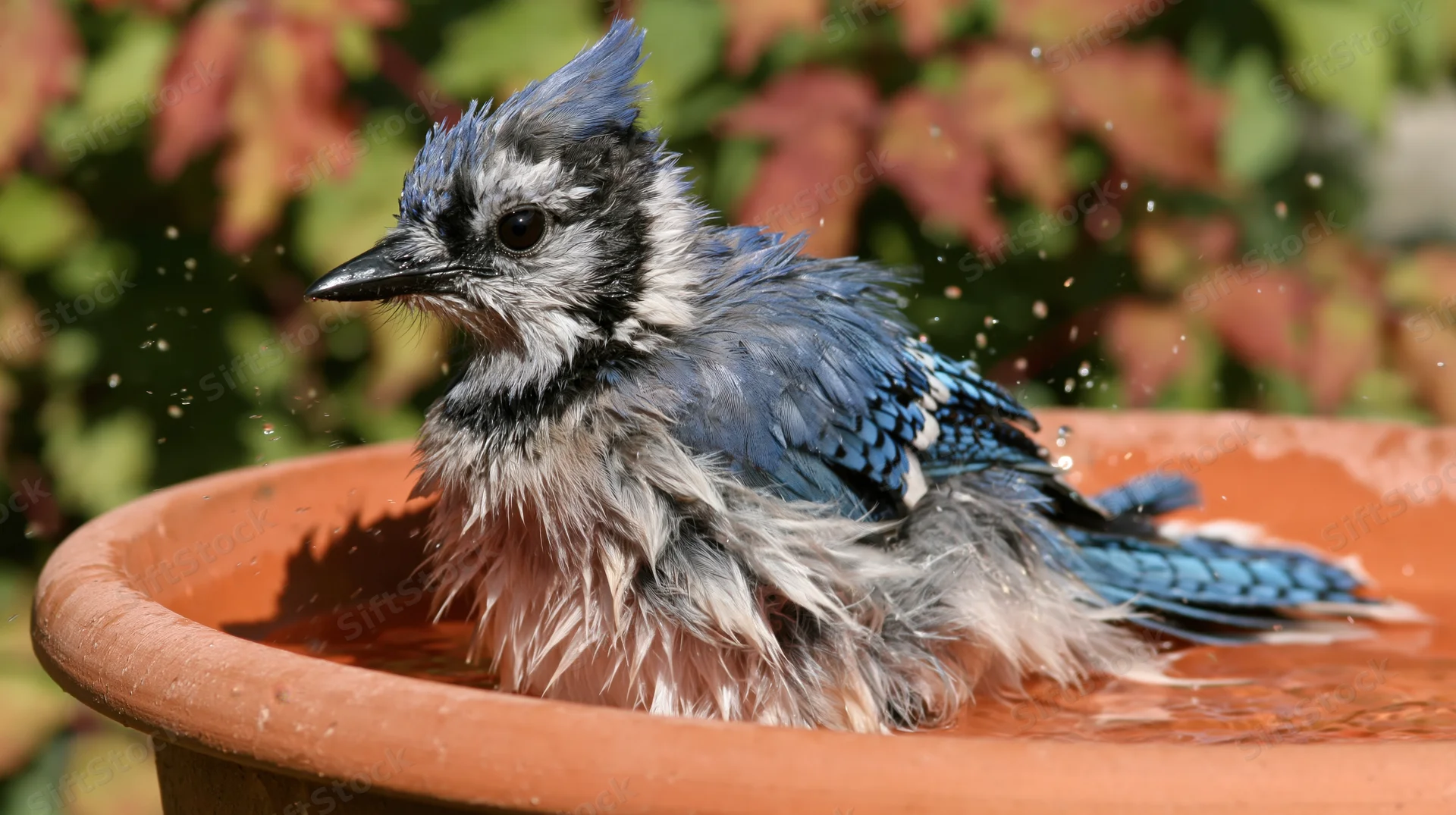 Blue jay bathing in terracotta birdbath with ruffled feathers and splashing water
