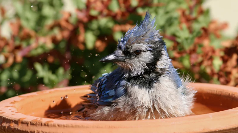 Blue jay bathing in a terracotta birdbath with ruffled feathers and splashing water