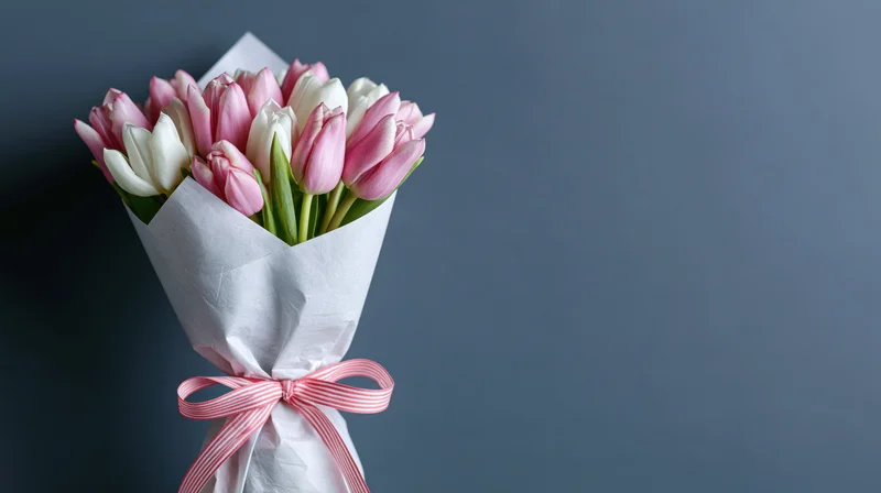 Bouquet of pink and white tulips wrapped in white paper with striped ribbon on gray background
