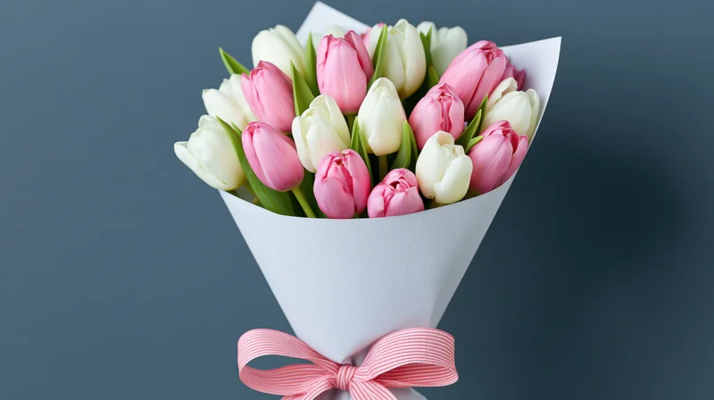 Bouquet of pink and white tulips wrapped in white paper with a striped ribbon