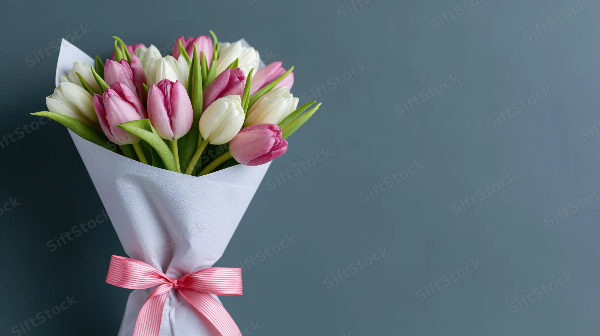 Bouquet of pink and white tulips wrapped in white paper with a pink ribbon against a dark gray background