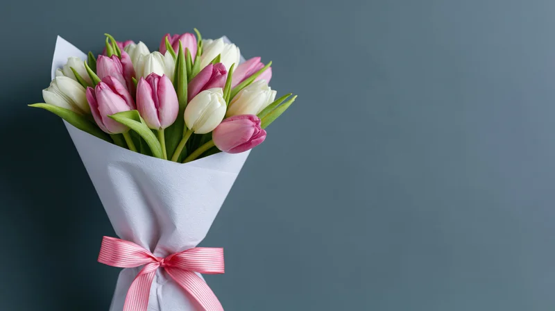Bouquet of pink and white tulips wrapped in white paper