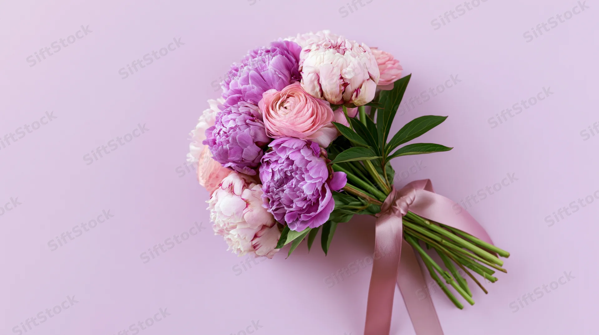 Bouquet of purple and pink peonies and ranunculus tied with satin ribbon on pastel pink background