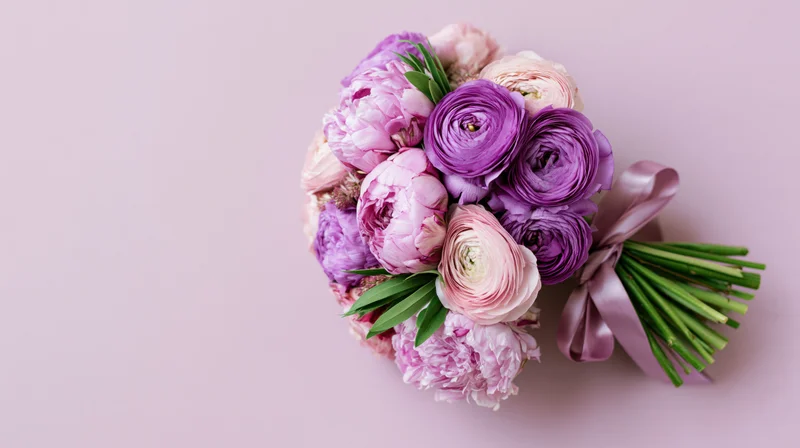 A bouquet of purple and pale pink peonies and ranunculus with green stems and a satin ribbon on a pastel pink background
