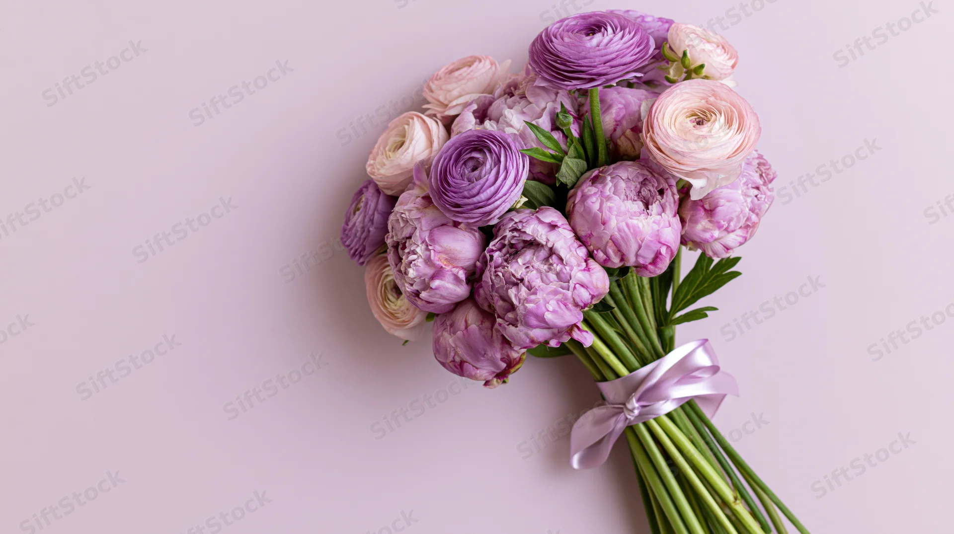 Bouquet of purple and pink peonies and ranunculus tied with a satin ribbon on a pastel pink background