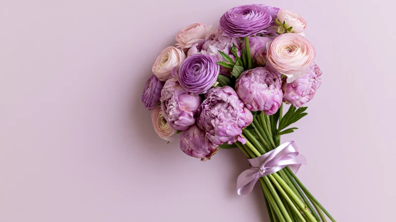 Bouquet of purple and pink peonies and ranunculus tied with a satin ribbon on a pastel pink background
