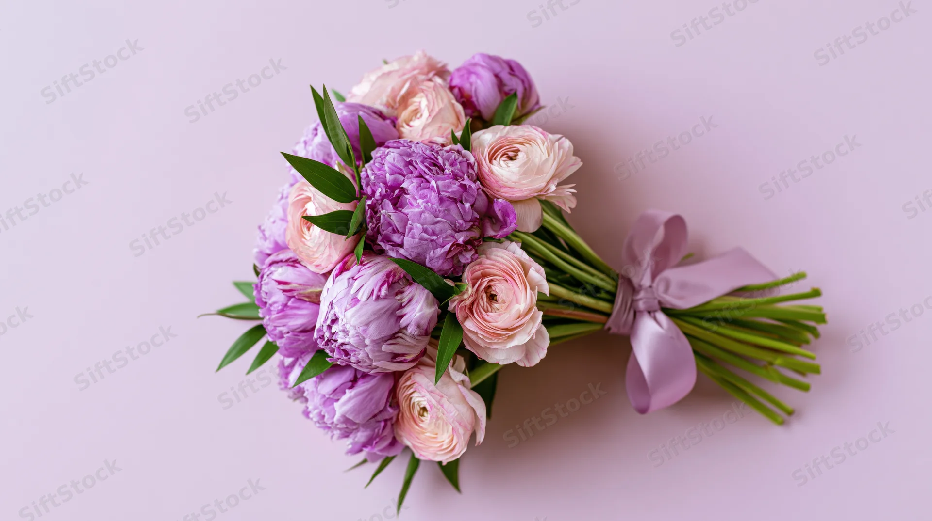 Bouquet of purple peonies and pale pink ranunculus tied with a satin ribbon on a pastel pink background