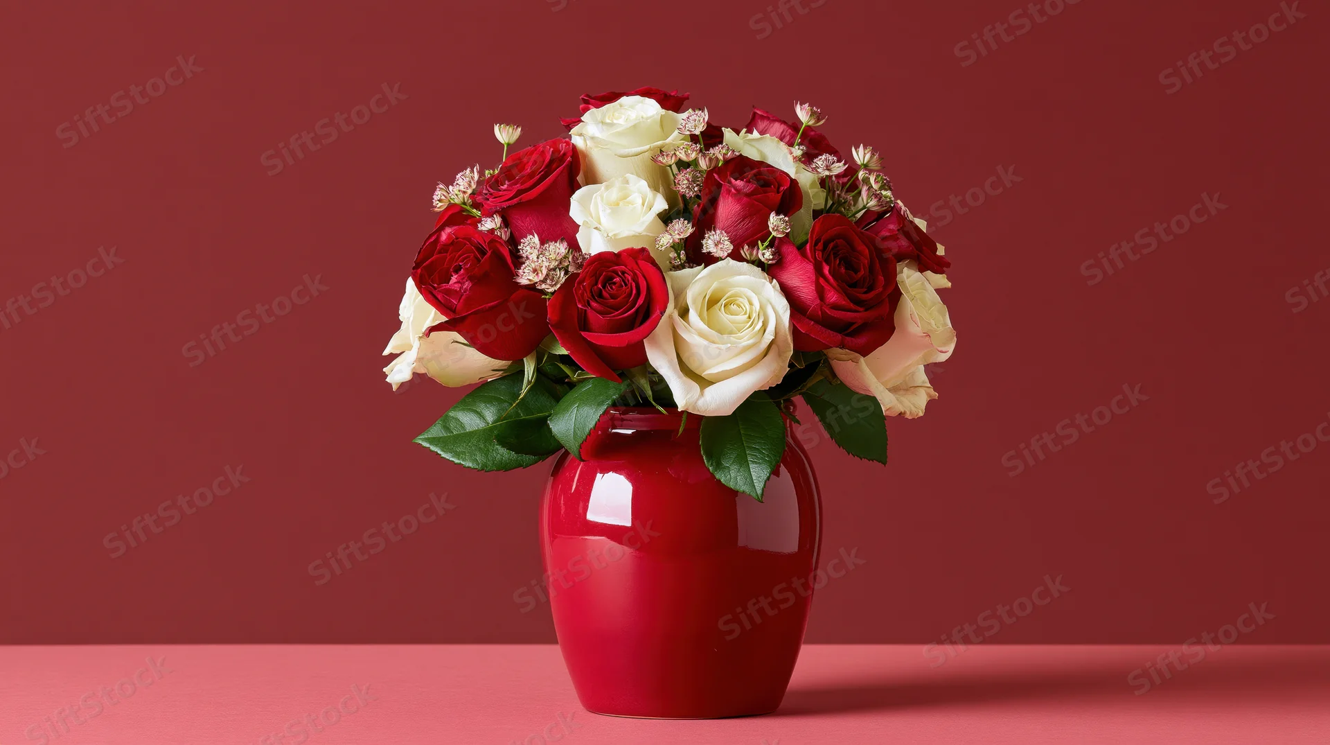 Red and white roses arranged in a glossy red vase on a pink surface against a maroon background