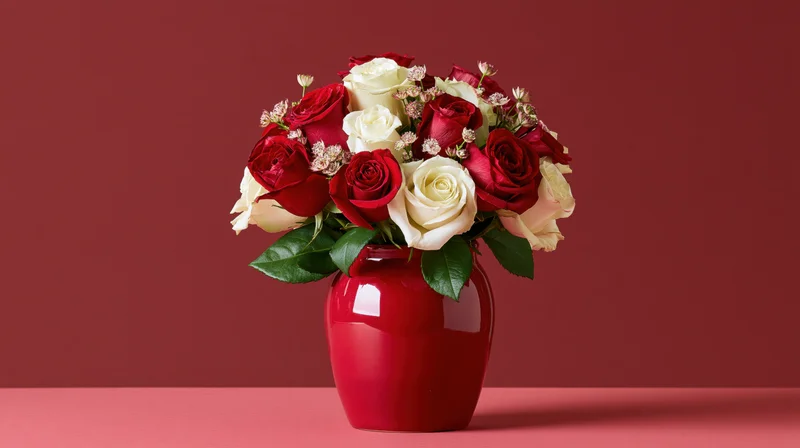 Red and white roses arranged in a glossy red vase on a pink surface against a maroon background