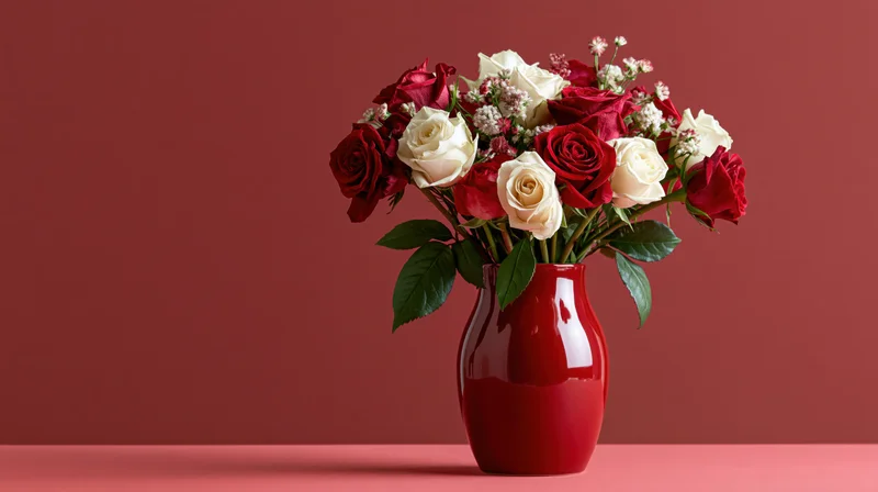 Red and white roses arranged in a glossy red vase on a red surface