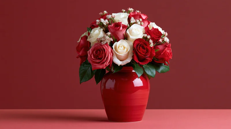 Red and white roses arranged in a glossy red vase on a red surface