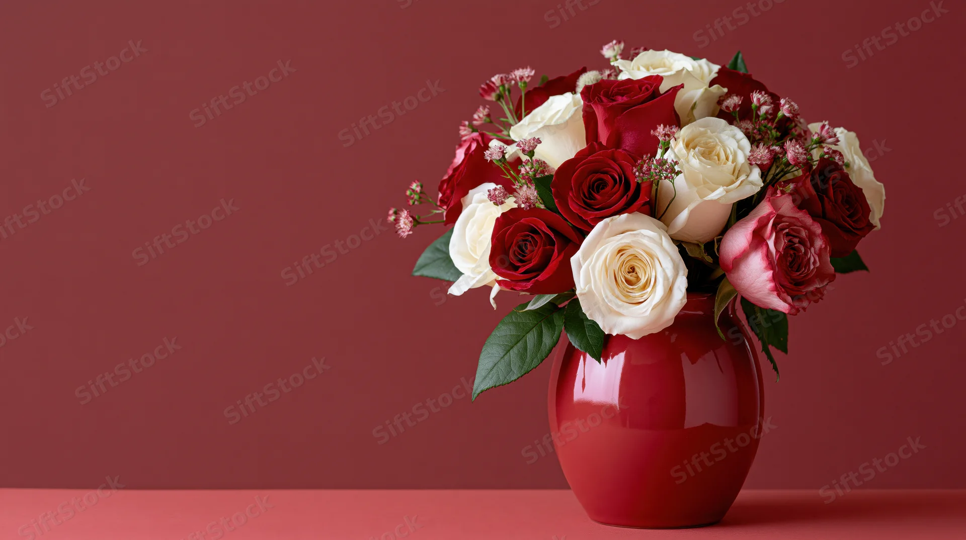 Red and white roses arranged in a glossy red vase on a maroon surface