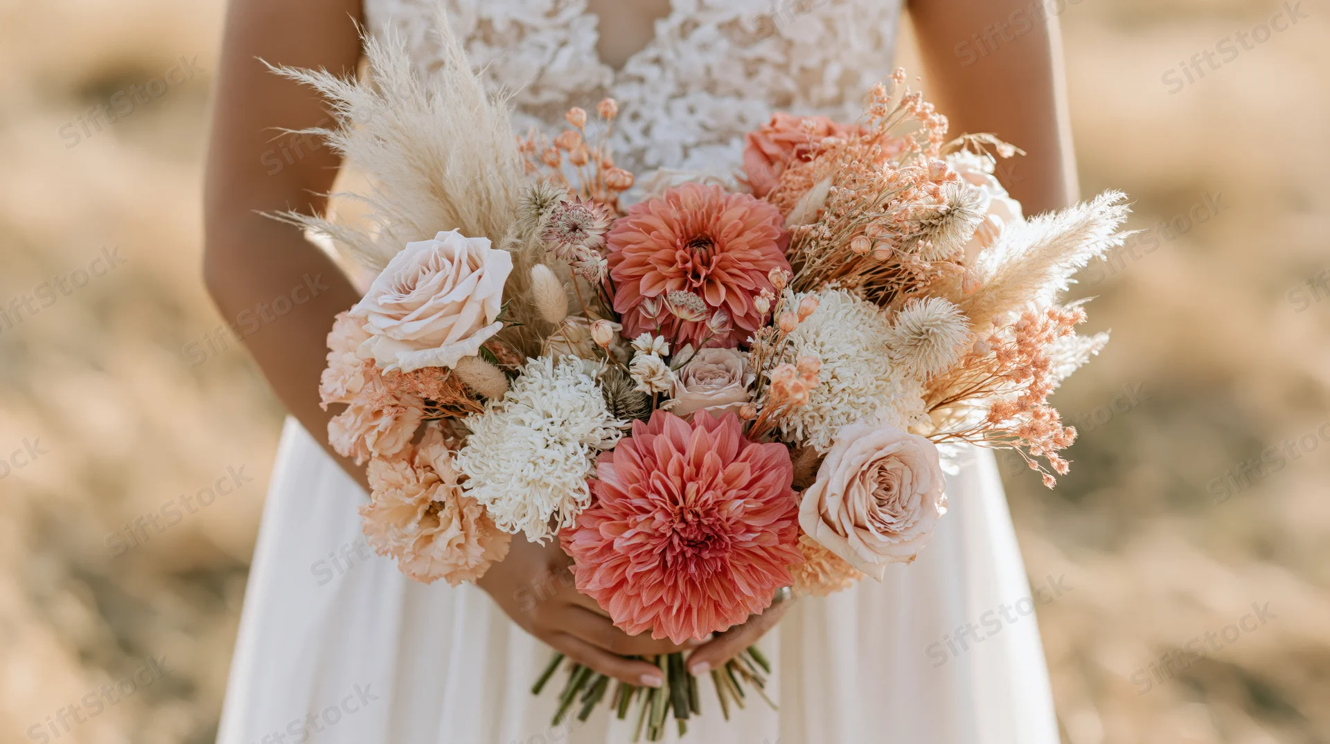 Bride holding a loose wildflower bouquet with dried pampas grass and blush flowers outdoors