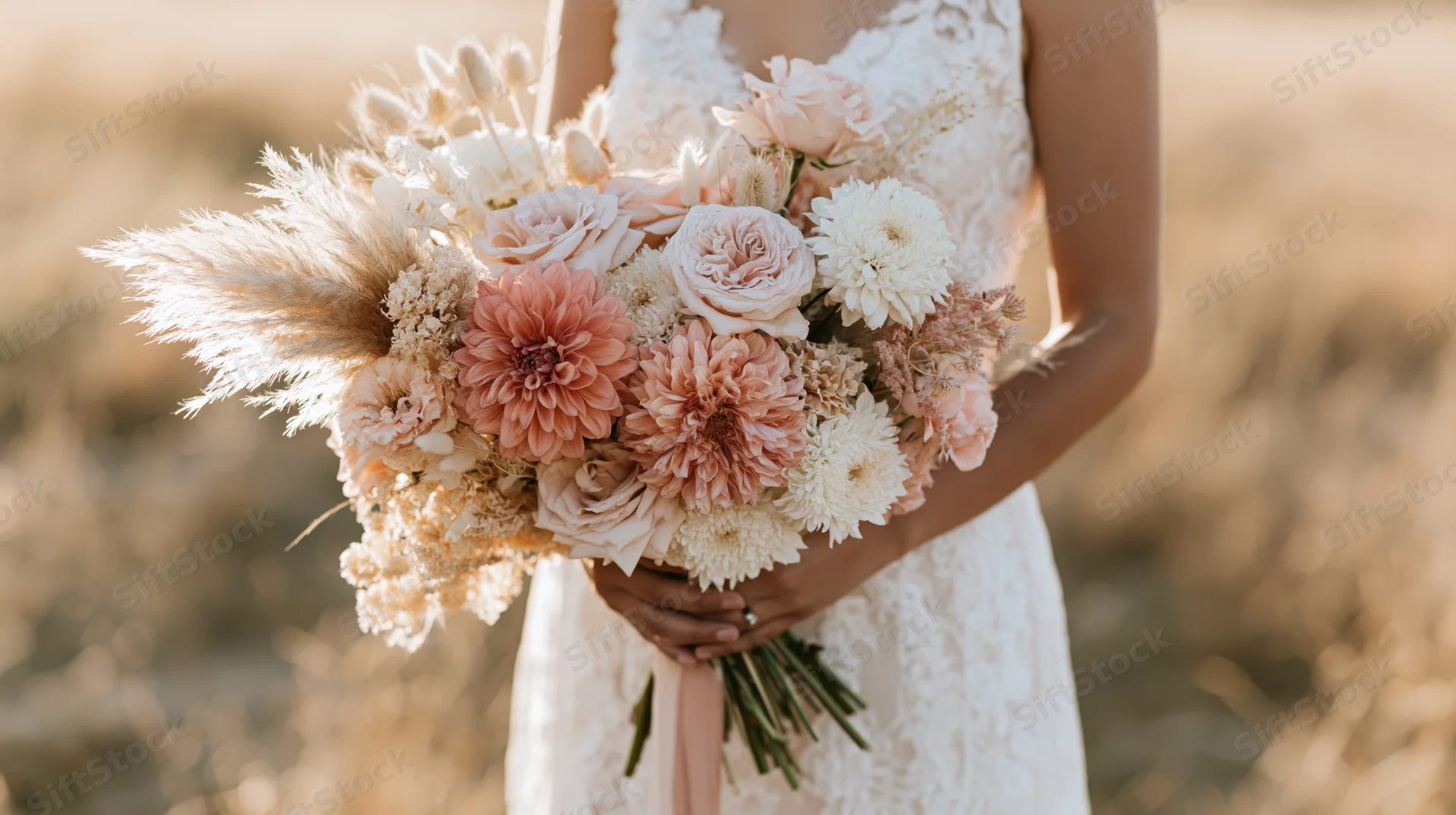 Bride holding a loose wildflower bouquet in a field during golden hour