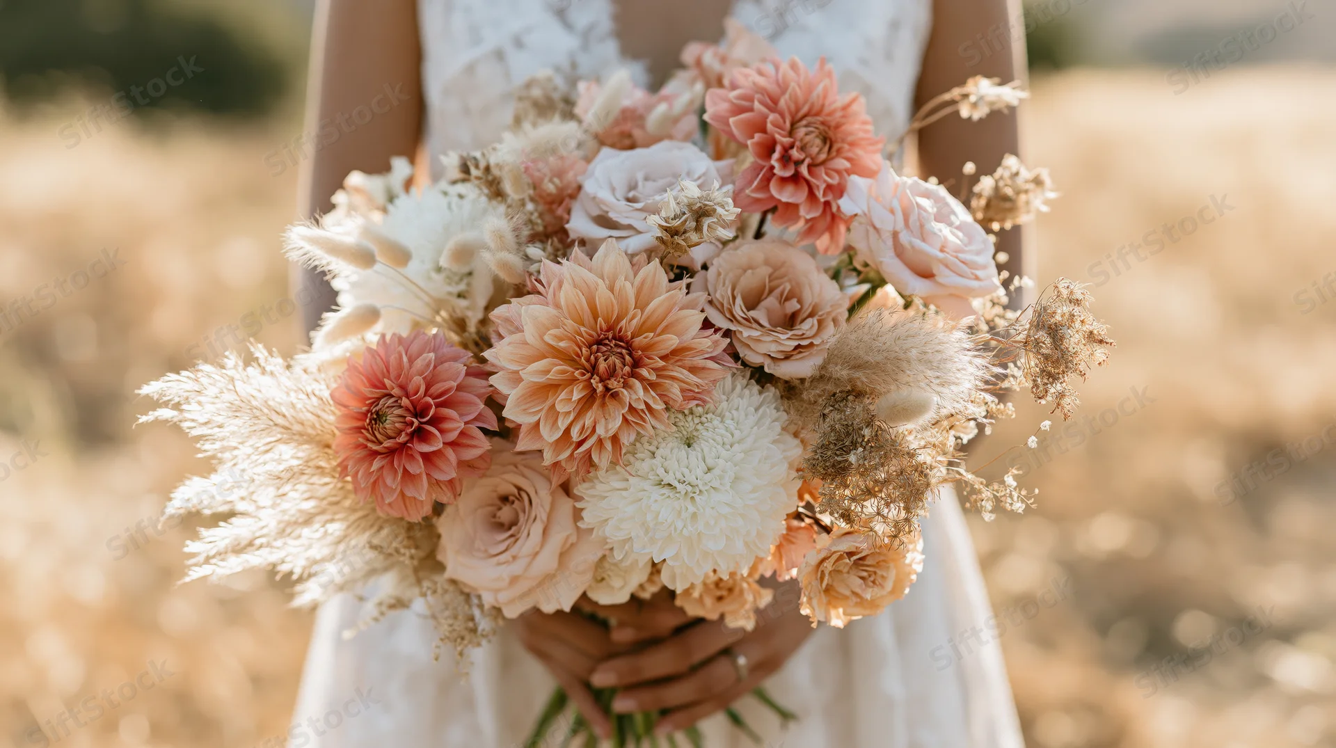 Bride holding a loose wildflower bouquet in a sunlit field