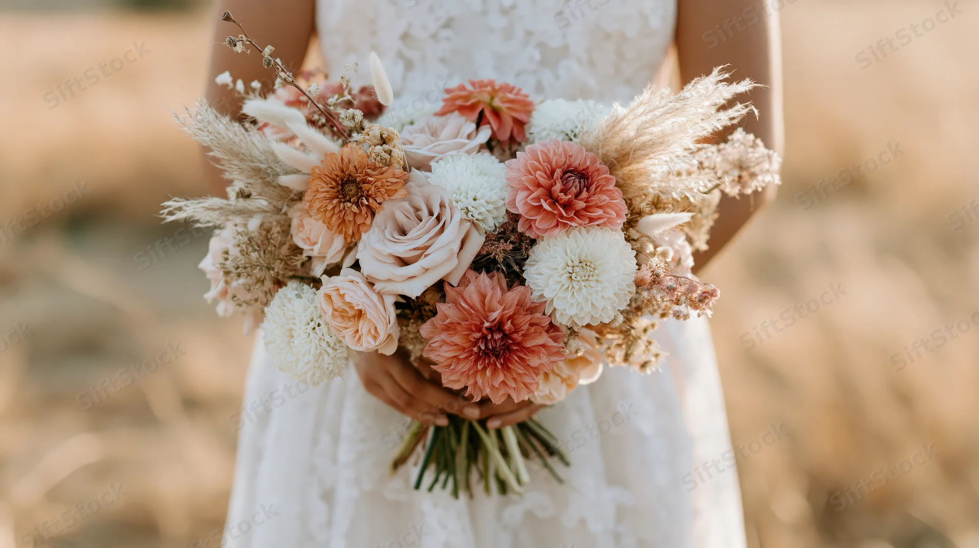 Bride holding a loose wildflower bouquet with roses and pampas grass outdoors
