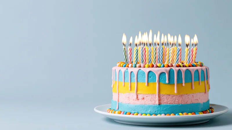 Colorful birthday cake with lit candles on a white plate against a light blue background