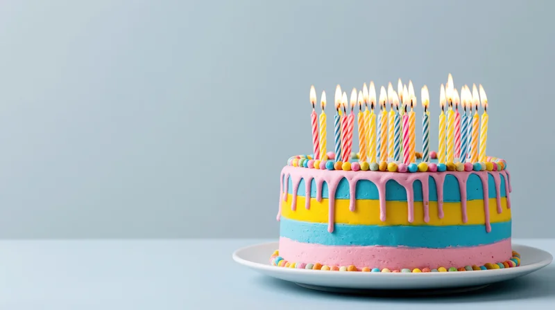 Brightly decorated birthday cake with lit candles on a white plate against a pastel blue background