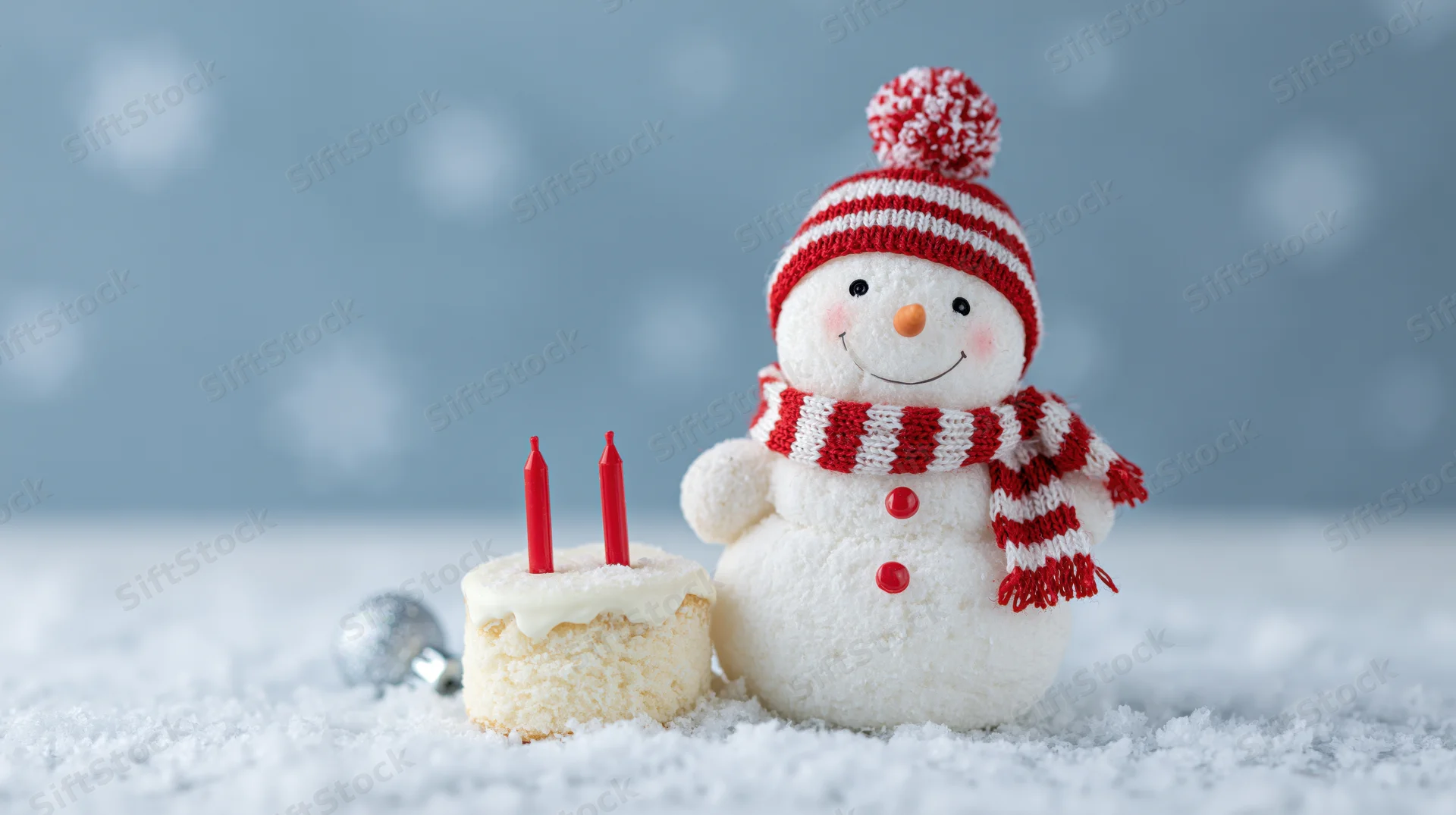 Cheerful snowman figurine with red and white striped hat and scarf beside a small cake with candles on snowy surface