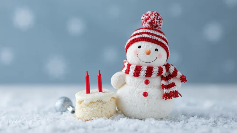 Cheerful snowman figurine with red and white striped hat and scarf beside a small cake with candles on snowy surface