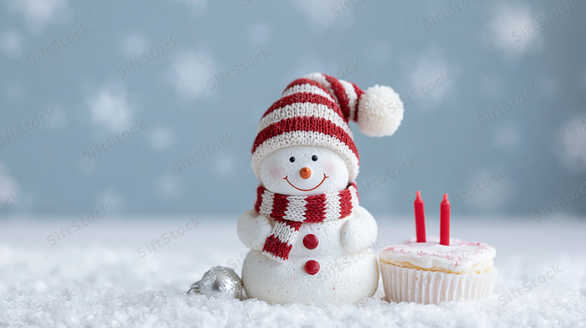 Cheerful snowman figurine wearing striped hat and scarf beside a cupcake with candles on snowy surface