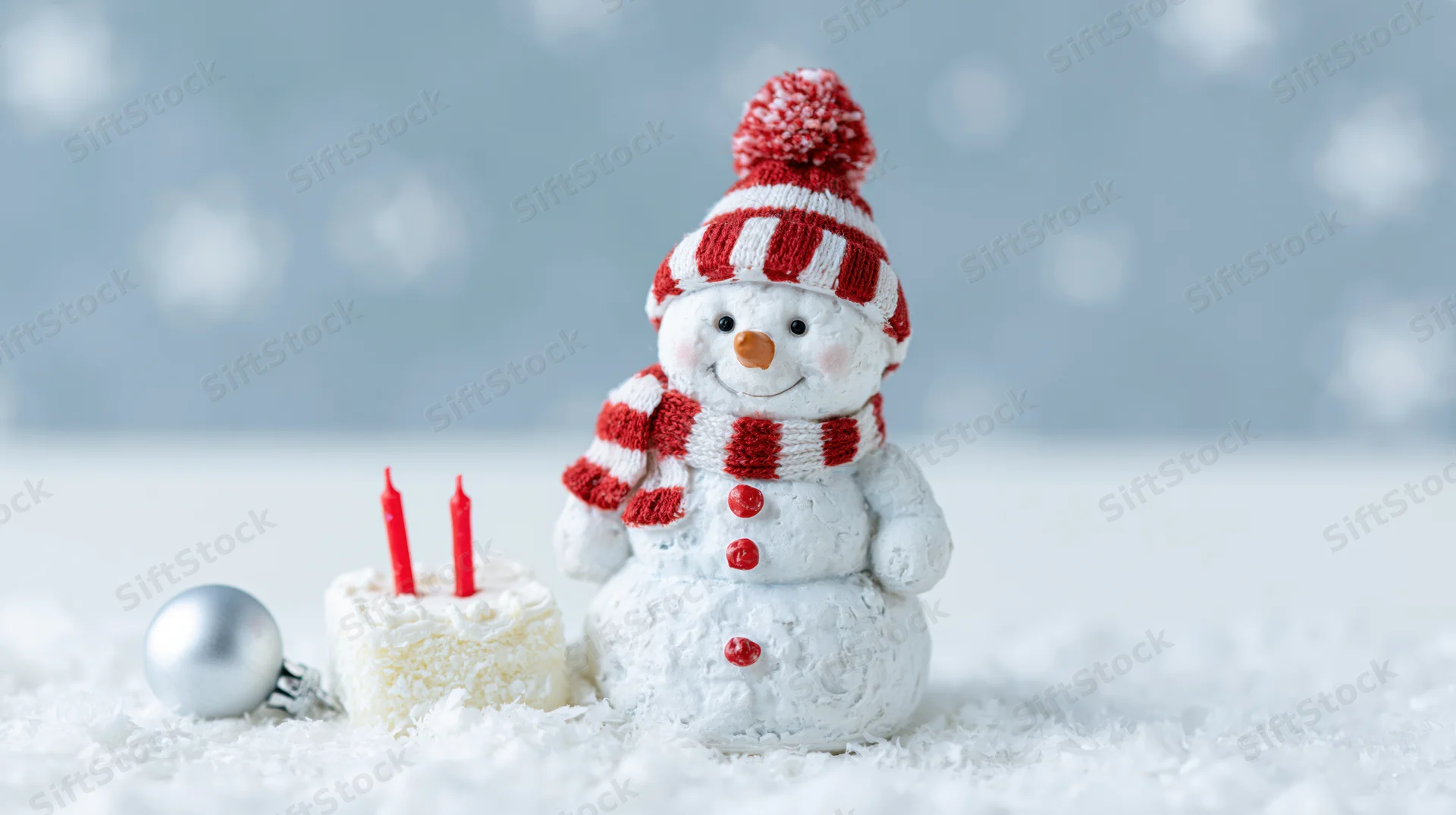 Cheerful snowman figurine with red and white striped hat and scarf beside a small cake with candles on snowy surface