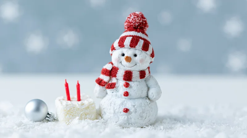 Cheerful snowman figurine with red and white striped hat and scarf beside a small cake with candles on snowy surface