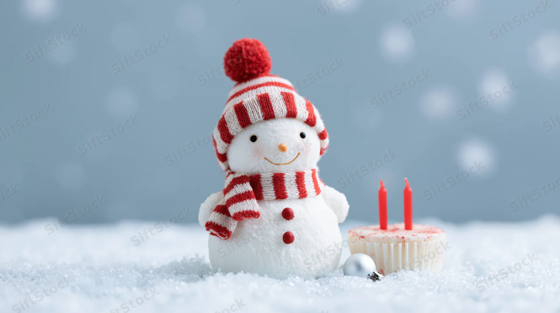 Snowman figurine with striped hat and scarf beside a birthday cake with candles on snowy ground