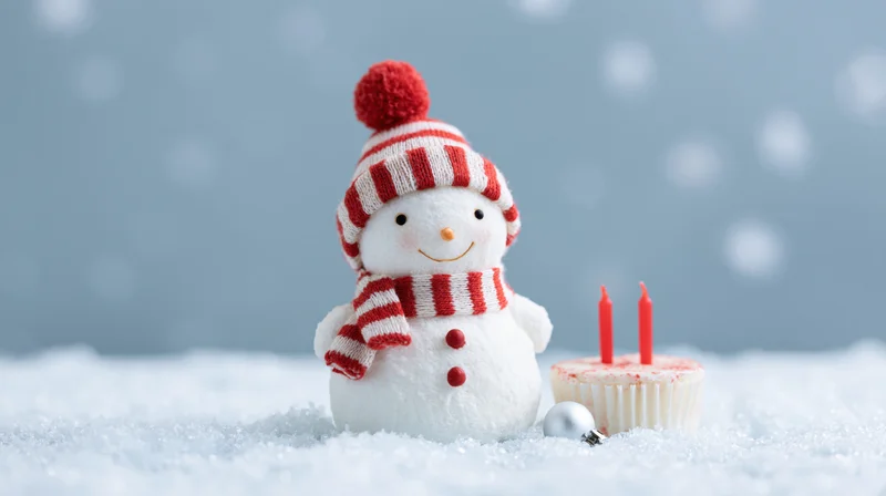 Snowman figurine with striped hat and scarf beside a birthday cake with candles on snowy ground
