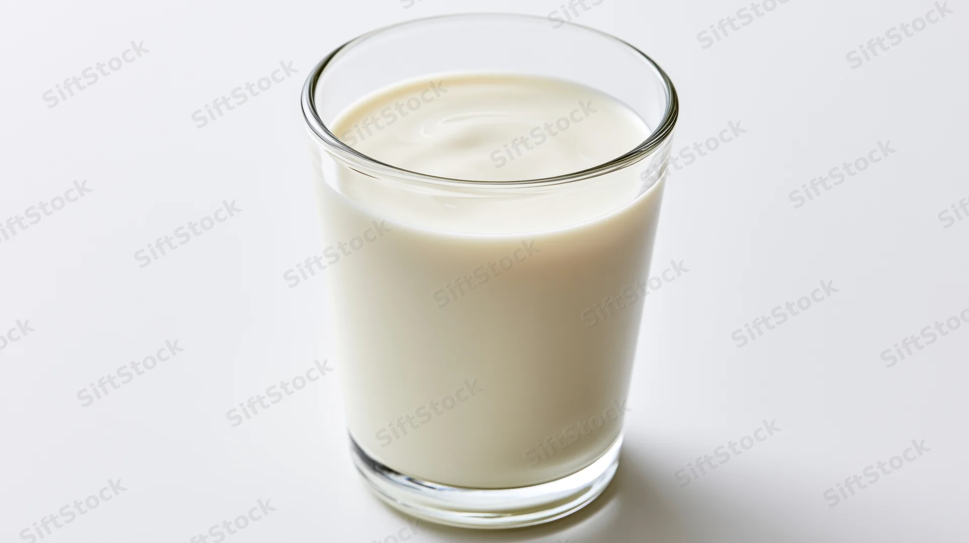 A clear glass filled with white milk on a plain white surface