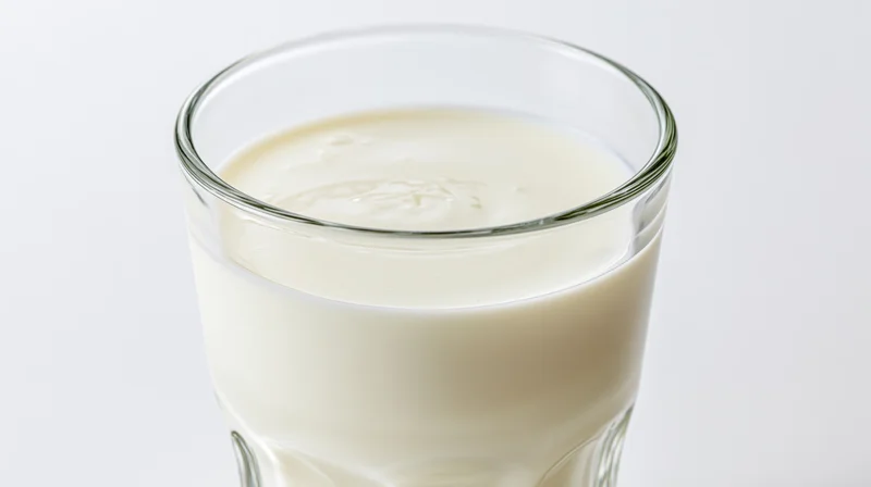 Clear glass filled with fresh whole milk against white background